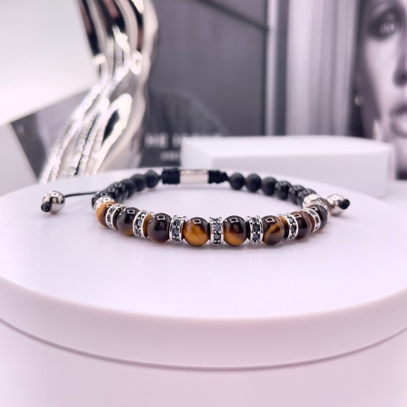 Black Onyx & Tiger Eye Bracelet, Matte Onyx Tiger's Eye & Silver - Picture 3 of 4